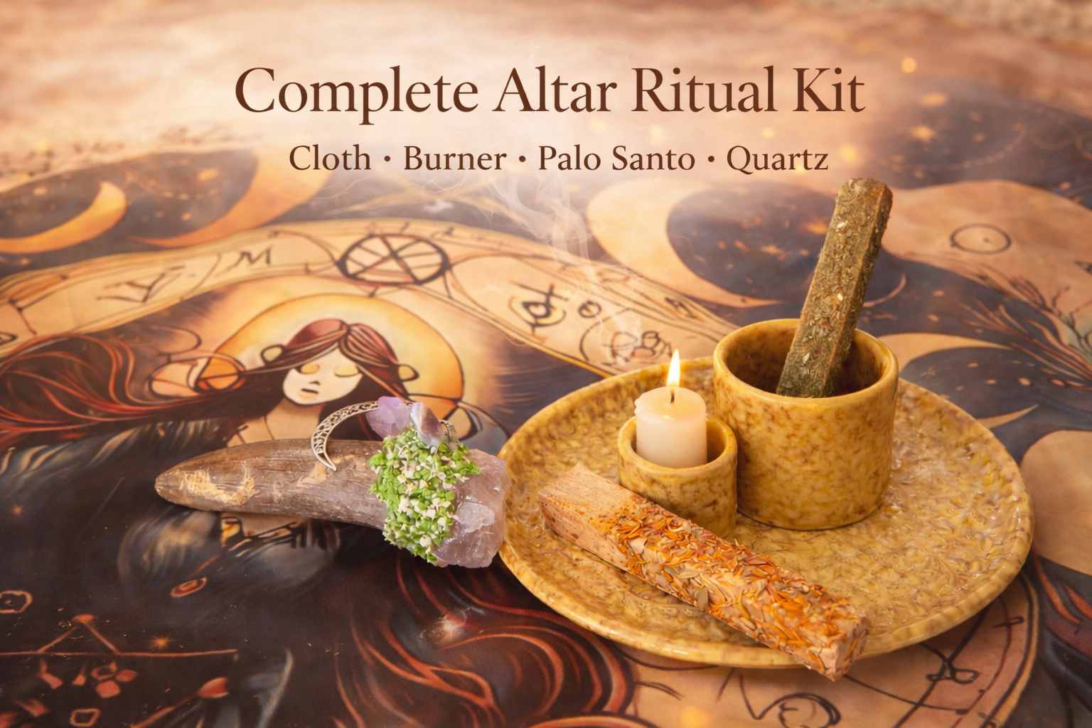 The Complete Altar Kit - Spiritual Ritual Set with Goddess Altar Cloth, Crystals, Incense Burner & Palo Santo Sticks