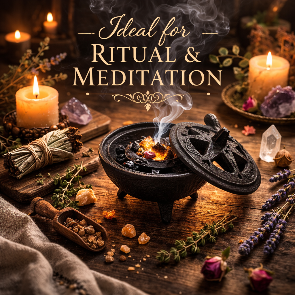 Cast Iron Incense Burner with Open Design Lid for Wicca/Witchcraft Rituals, Ceremonies, Metaphysical, Reflection and Divination and Aromatherapy