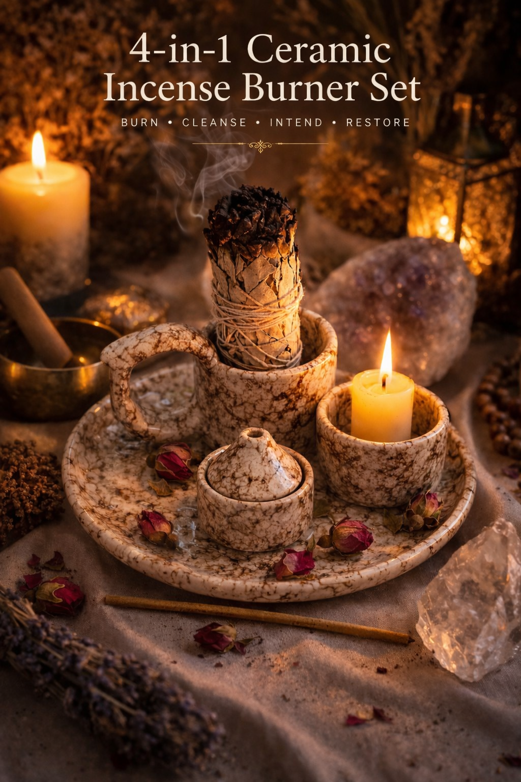 4-in-1 Rustic Speckled Incense Burner Set for Sage, Stick Incense, Candle, Cone Incense - Altar Tools - Wicca Rituals & Ceremonies