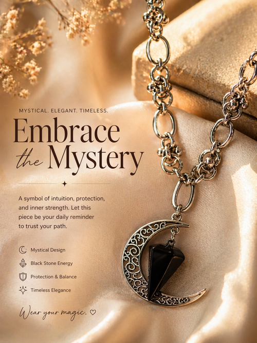 Black Obsidian and Crescent Moon Necklace, Stainless Steel Chain, Protection Crystal Pendant, Spiritual Jewelry, Intention Necklace and Gift