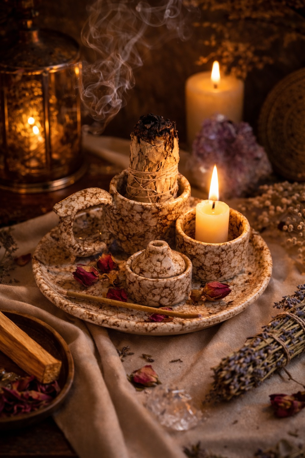 4-in-1 Rustic Speckled Incense Burner Set for Sage, Stick Incense, Candle, Cone Incense - Altar Tools - Wicca Rituals & Ceremonies