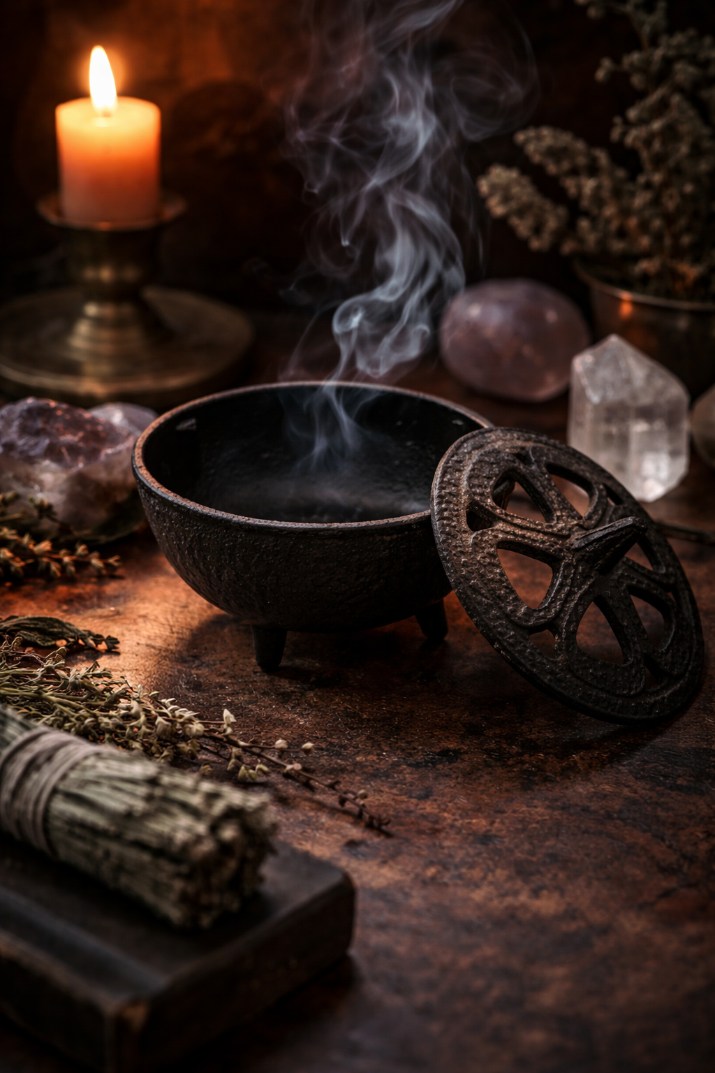 Cast Iron Incense Burner with Open Design Lid for Wicca/Witchcraft Rituals, Ceremonies, Metaphysical, Reflection and Divination and Aromatherapy