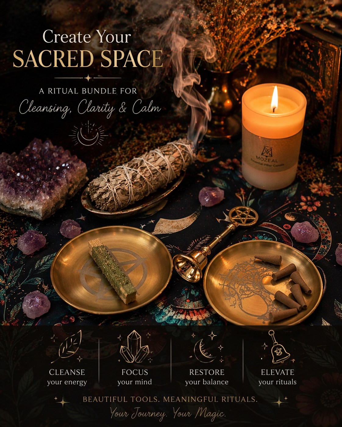 Ritual Bell Altar Kit with Palo Santo Sticks, Sandalwood Incense Cones, Two Offering Plates, Moth and Moon Altar Cloth, Bell and Optional White Sage