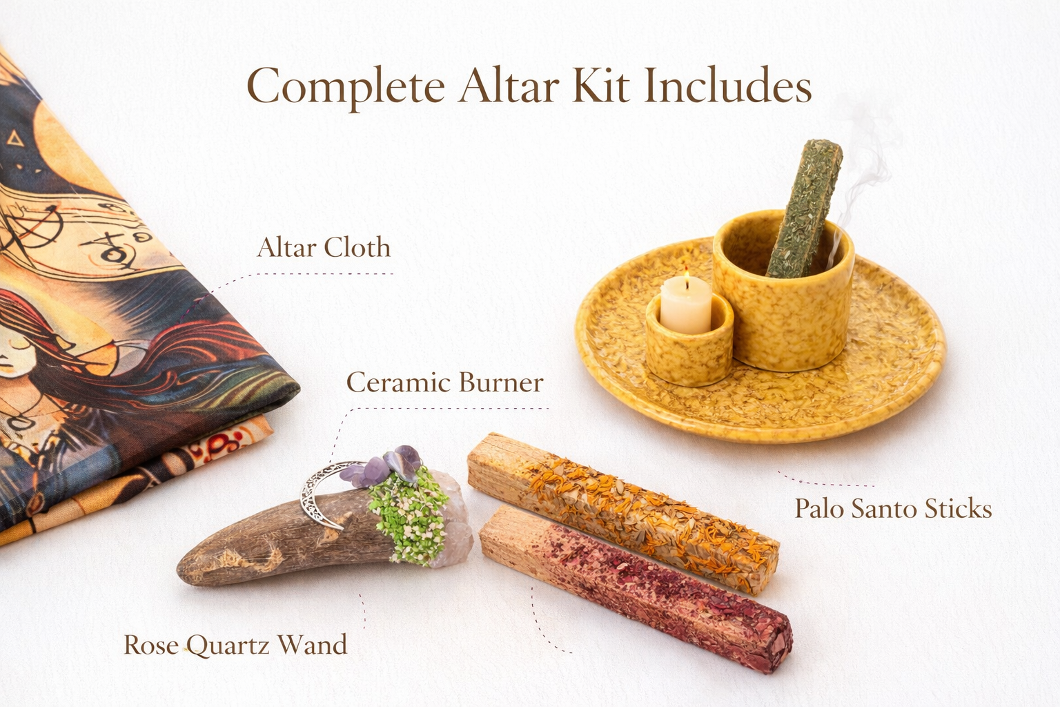 The Complete Altar Kit - Spiritual Ritual Set with Goddess Altar Cloth, Crystals, Incense Burner & Palo Santo Sticks