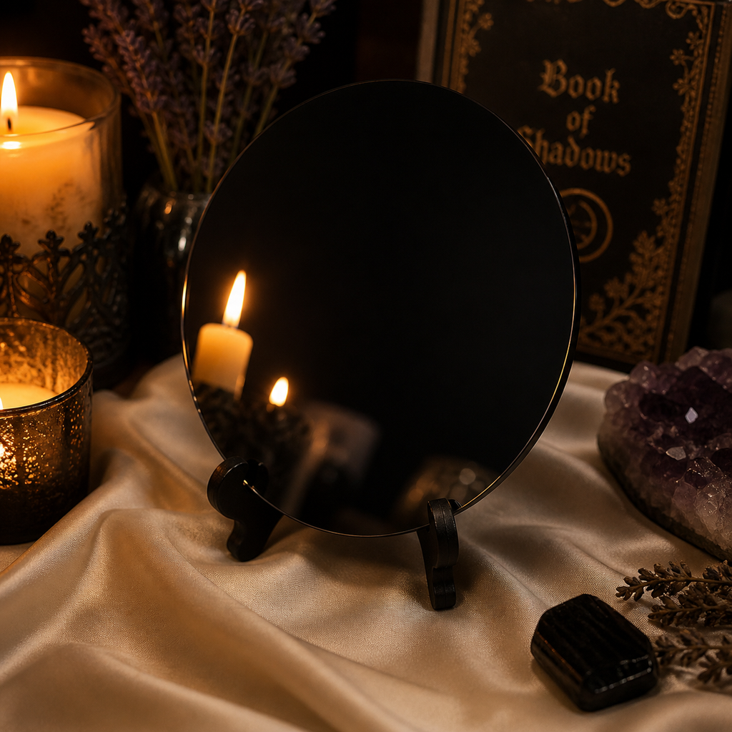 Black Obsidian Scrying Mirror with Stand and Polishing Cloth