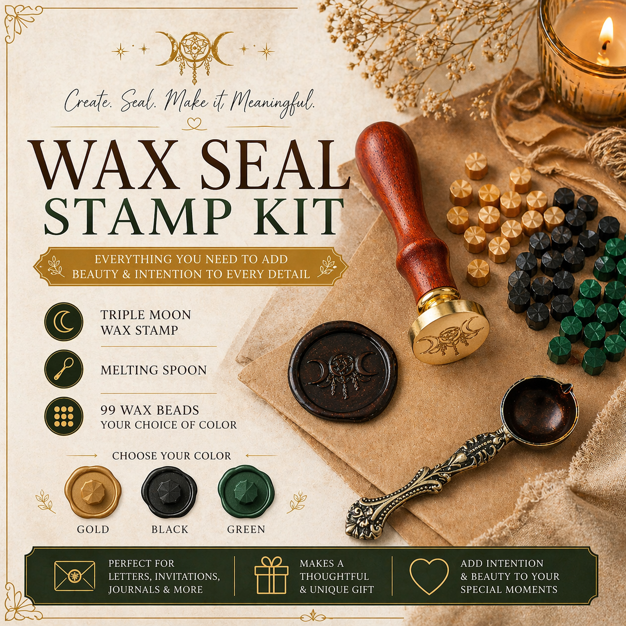 Triple Moon Wax Seal Stamp Kit with Melting Spoon and 99 Wax Beads / Wax Seal Kit / Envelope Sealing Wax / Invitations / Pagan Tools and Gifts