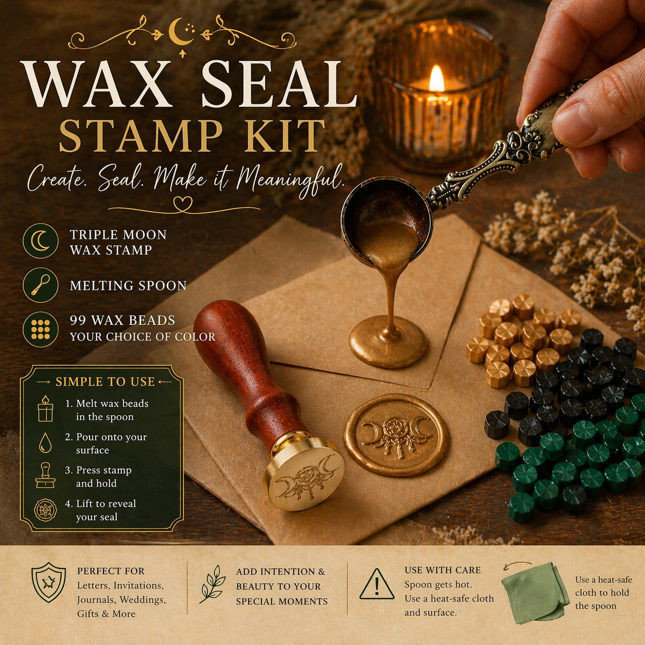 Triple Moon Wax Seal Stamp Kit with Melting Spoon and 99 Wax Beads / Wax Seal Kit / Envelope Sealing Wax / Invitations / Pagan Tools and Gifts
