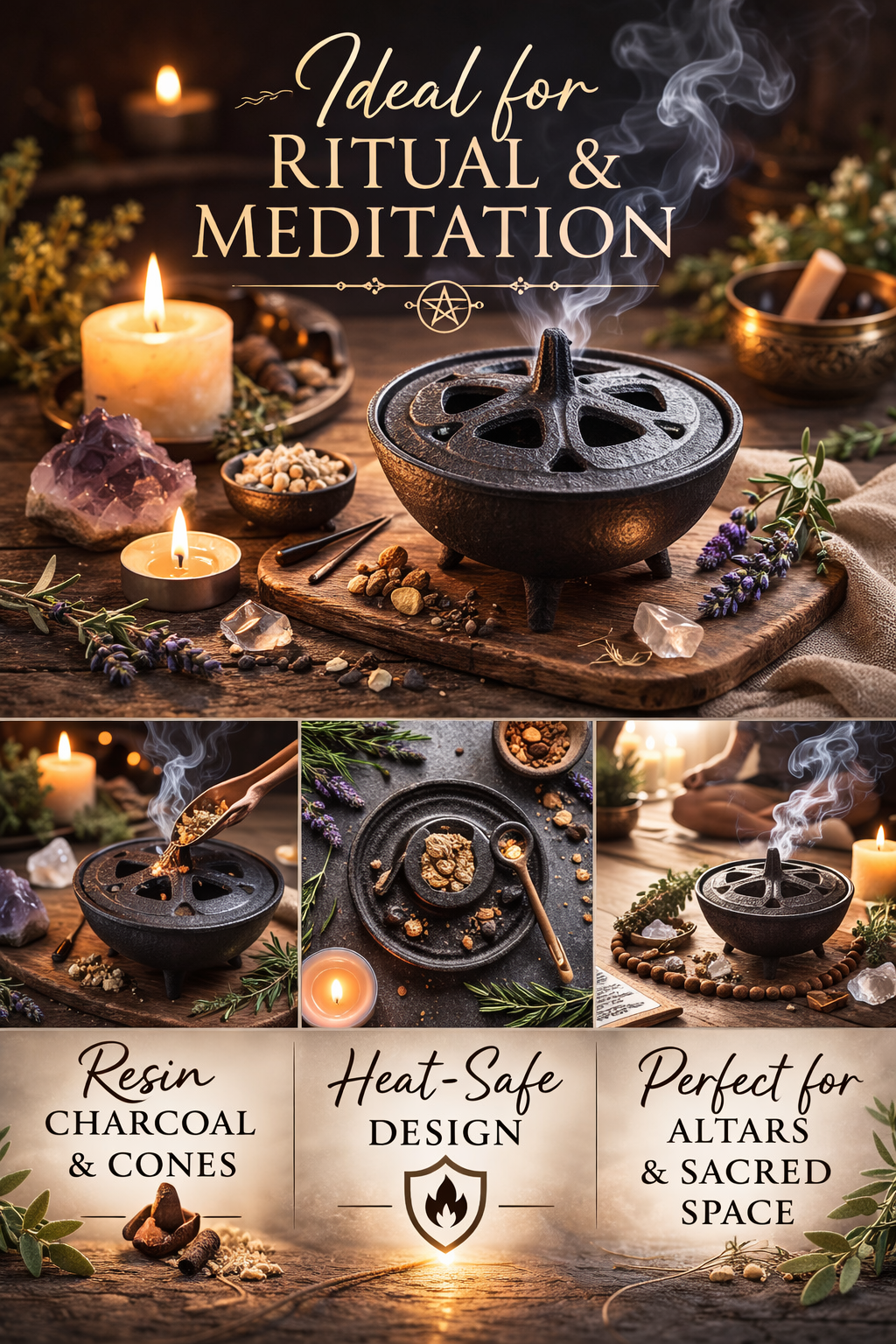 Cast Iron Incense Burner with Open Design Lid for Wicca/Witchcraft Rituals, Ceremonies, Metaphysical, Reflection and Divination and Aromatherapy