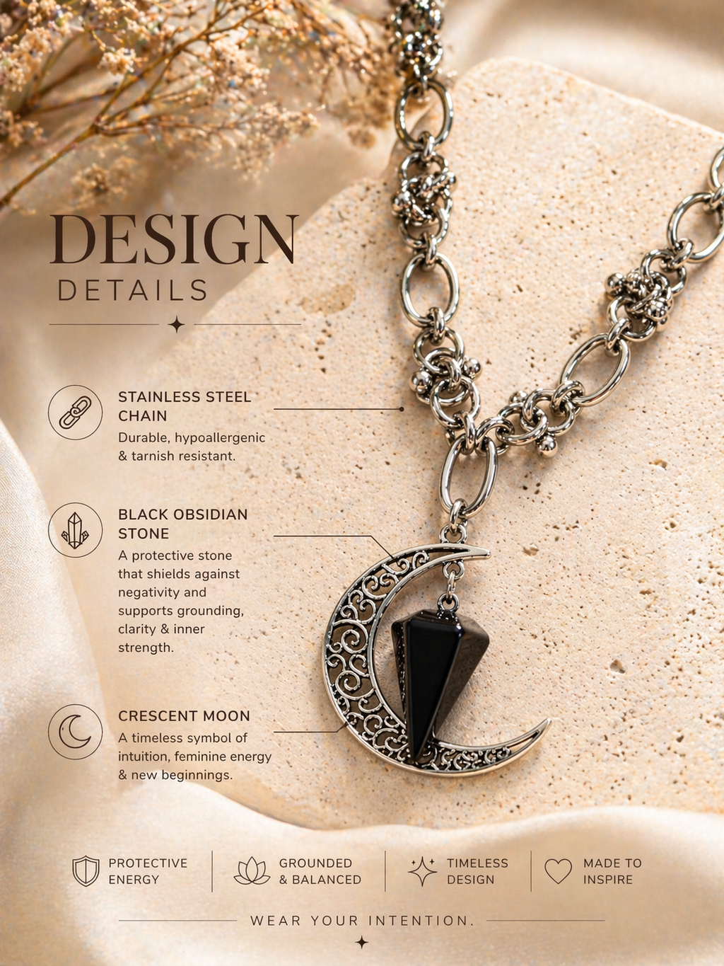 Black Obsidian and Crescent Moon Necklace, Stainless Steel Chain, Protection Crystal Pendant, Spiritual Jewelry, Intention Necklace and Gift