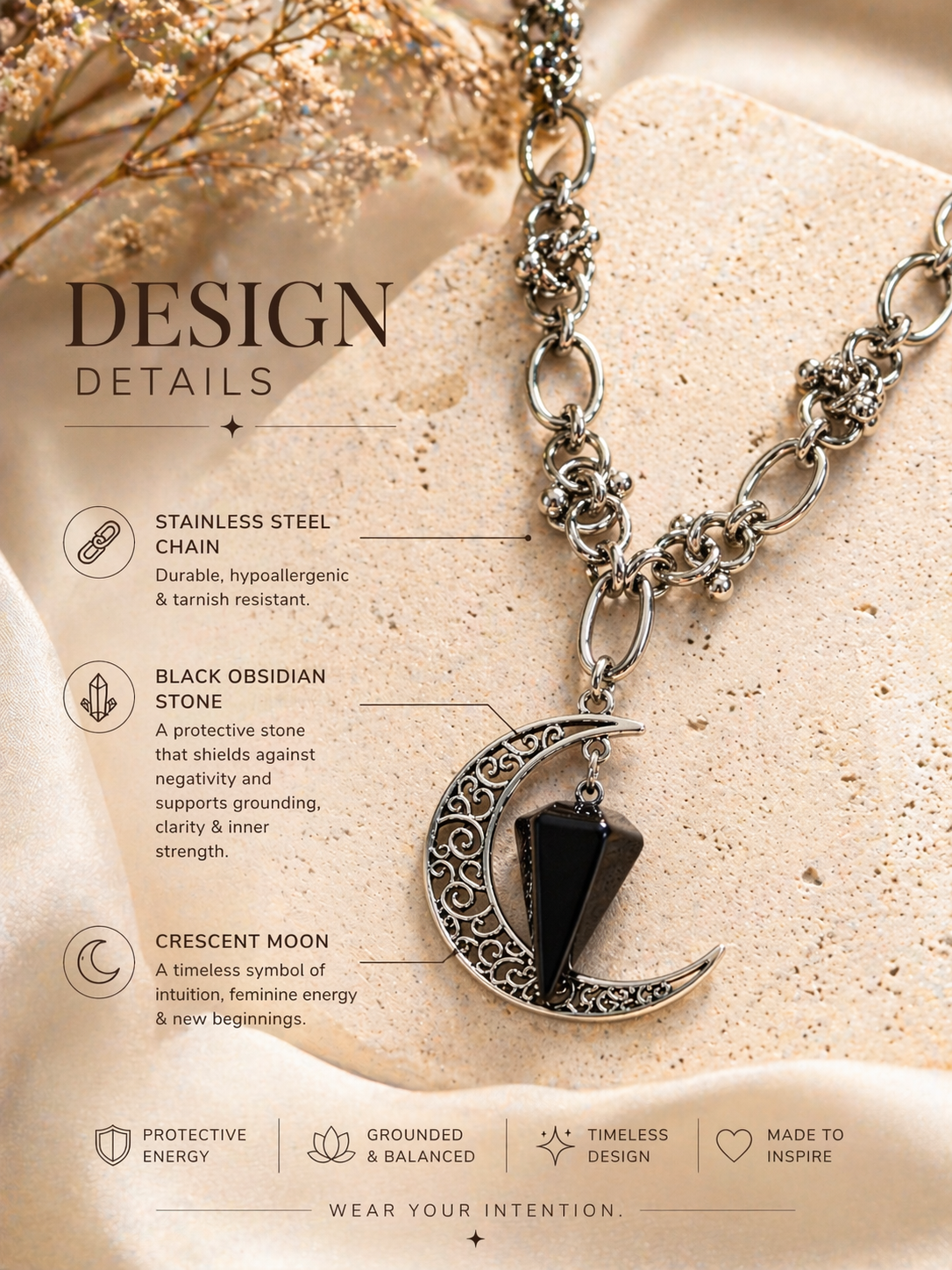 Black Obsidian and Crescent Moon Necklace, Stainless Steel Chain, Protection Crystal Pendant, Spiritual Jewelry, Intention Necklace and Gift