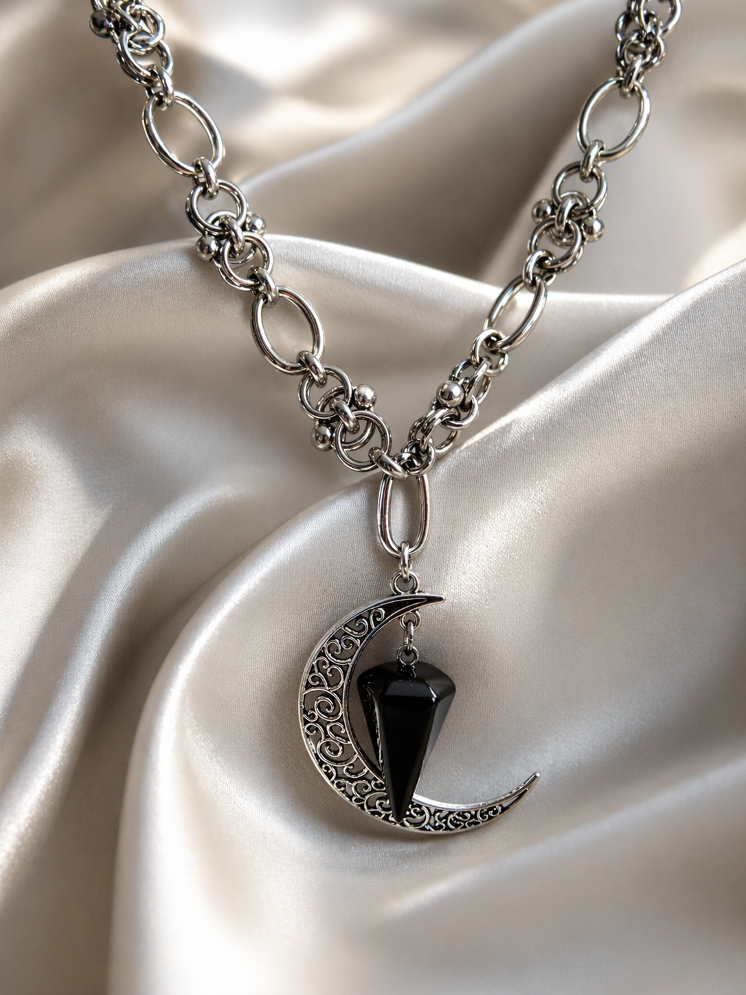 Black Obsidian and Crescent Moon Necklace, Stainless Steel Chain, Protection Crystal Pendant, Spiritual Jewelry, Intention Necklace and Gift