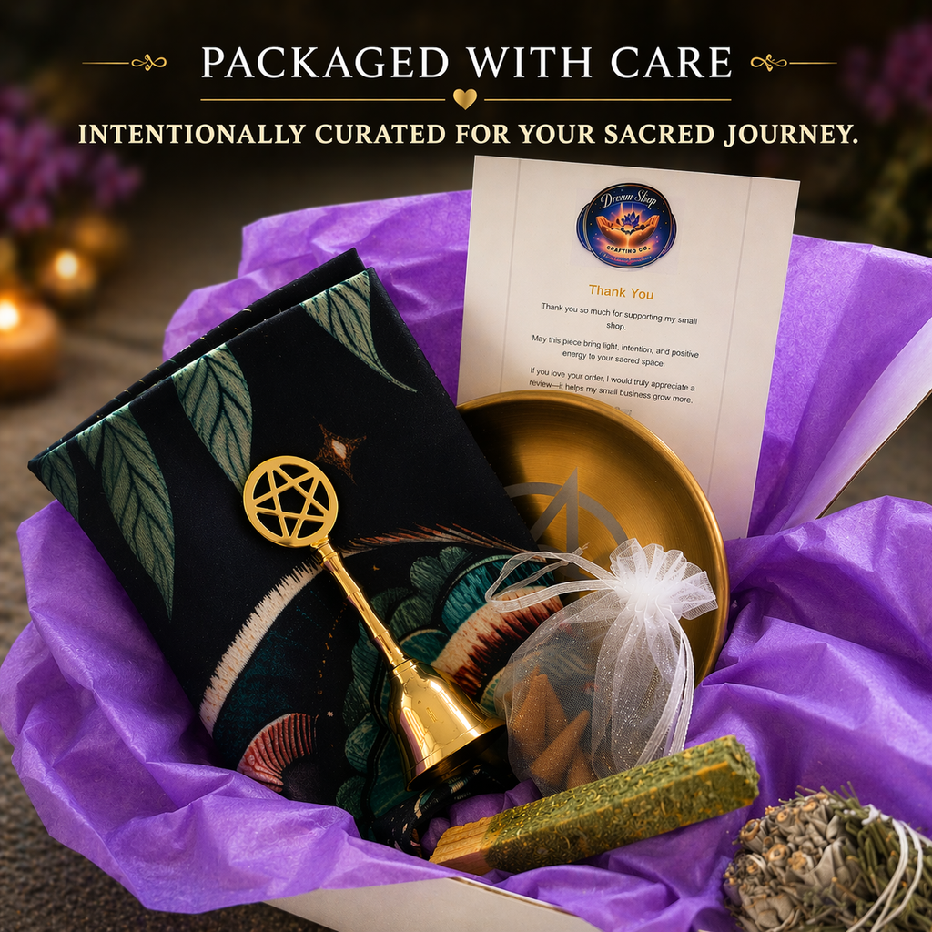 Ritual Bell Altar Kit with Palo Santo Sticks, Sandalwood Incense Cones, Two Offering Plates, Moth and Moon Altar Cloth, Bell and Optional White Sage