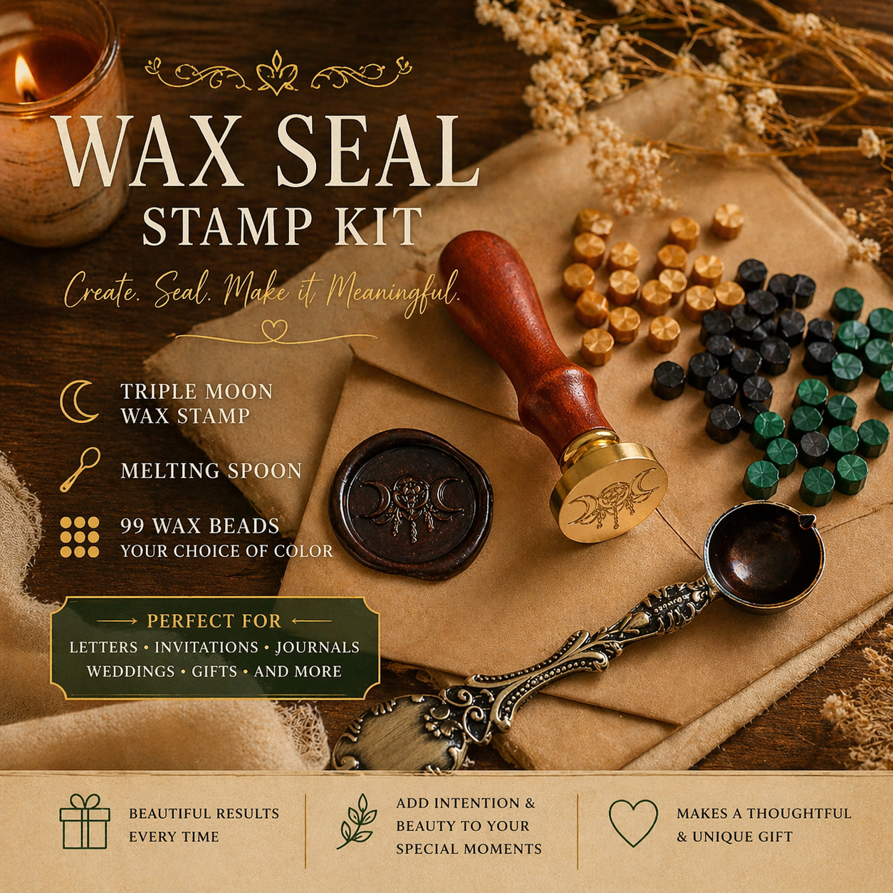 Triple Moon Wax Seal Stamp Kit with Melting Spoon and 99 Wax Beads / Wax Seal Kit / Envelope Sealing Wax / Invitations / Pagan Tools and Gifts