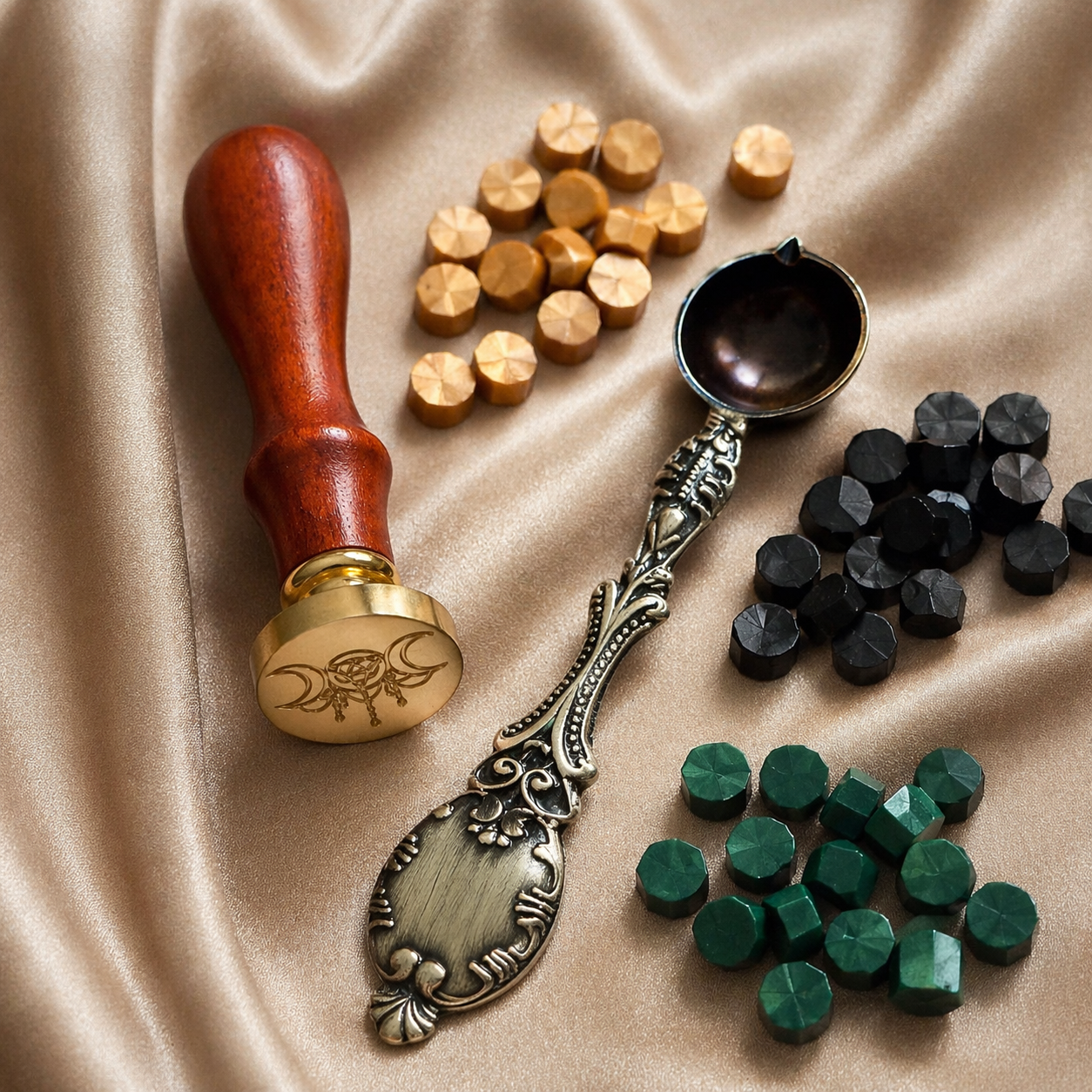 Triple Moon Wax Seal Stamp Kit with Melting Spoon and 99 Wax Beads / Wax Seal Kit / Envelope Sealing Wax / Invitations / Pagan Tools and Gifts