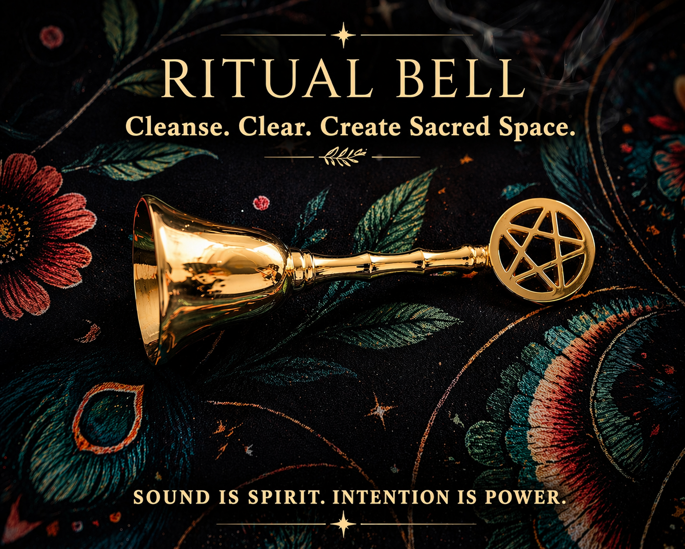 Ritual Bell Altar Kit with Palo Santo Sticks, Sandalwood Incense Cones, Two Offering Plates, Moth and Moon Altar Cloth, Bell and Optional White Sage