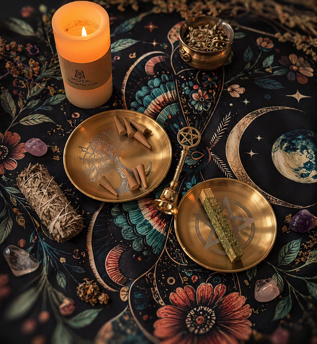 Ritual Bell Altar Kit with Palo Santo Sticks, Sandalwood Incense Cones, Two Offering Plates, Moth and Moon Altar Cloth, Bell and Optional White Sage