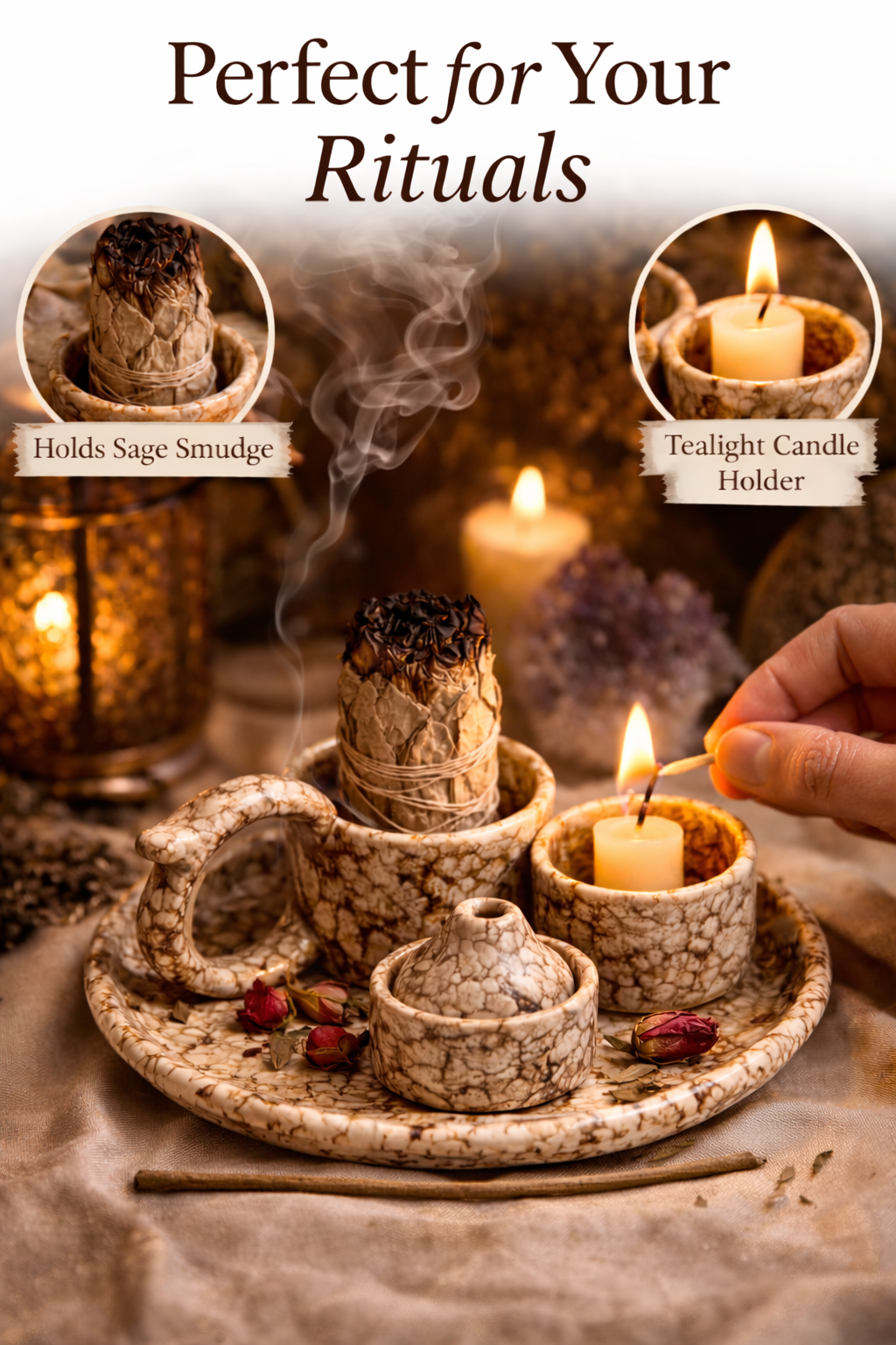 4-in-1 Rustic Speckled Incense Burner Set for Sage, Stick Incense, Candle, Cone Incense - Altar Tools - Wicca Rituals & Ceremonies