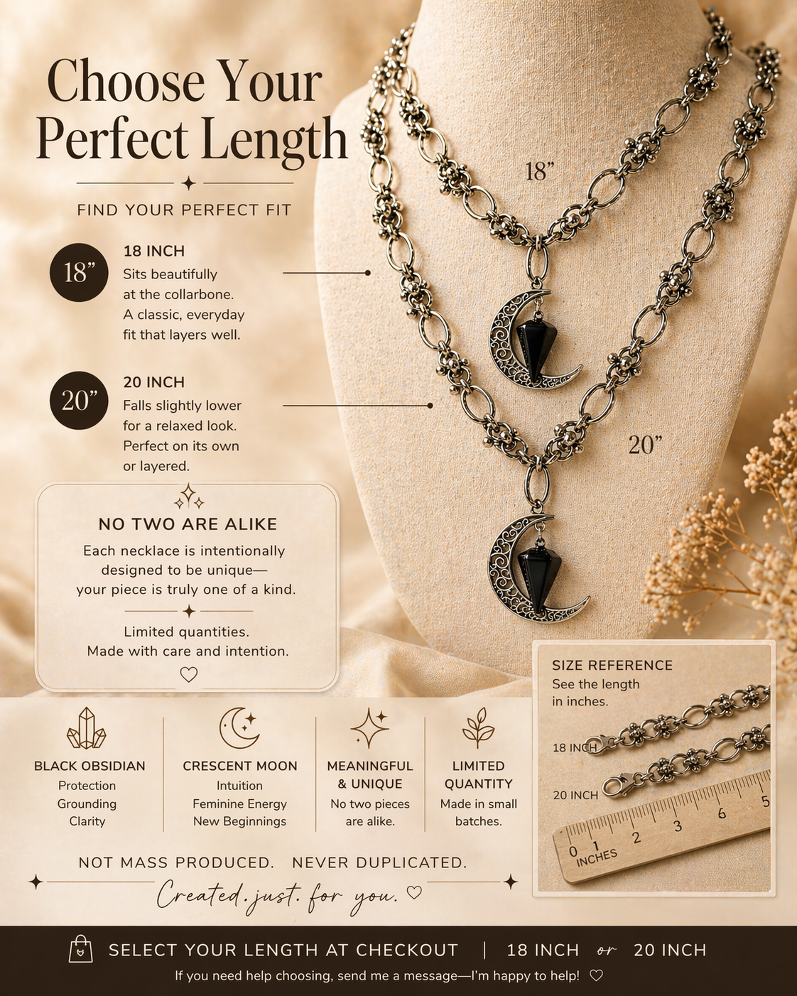 Black Obsidian and Crescent Moon Necklace, Stainless Steel Chain, Protection Crystal Pendant, Spiritual Jewelry, Intention Necklace and Gift