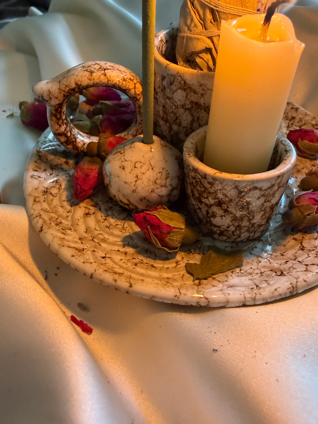 4-in-1 Rustic Speckled Incense Burner Set for Sage, Stick Incense, Candle, Cone Incense - Altar Tools - Wicca Rituals & Ceremonies