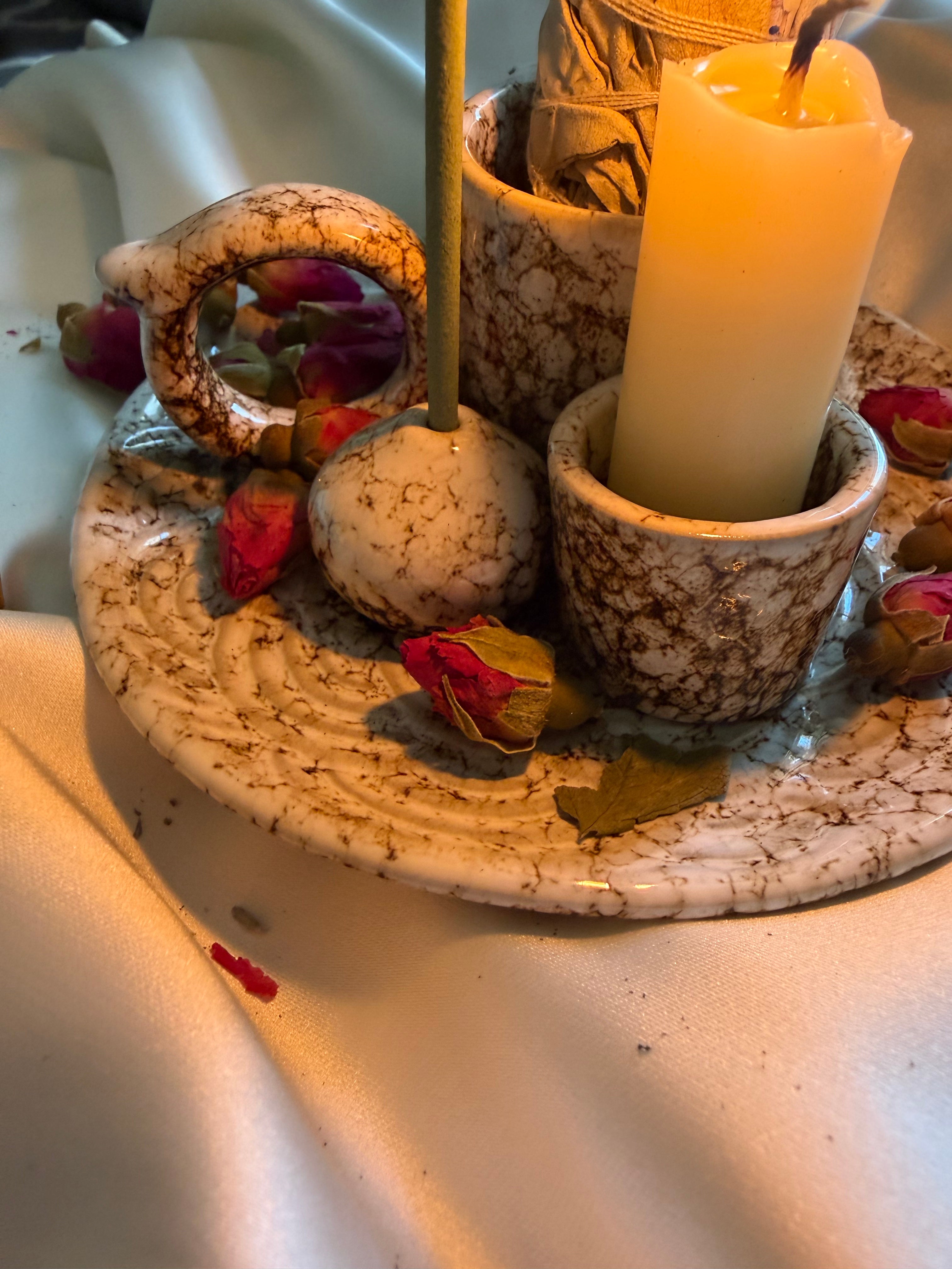 4-in-1 Rustic Speckled Incense Burner Set for Sage, Stick Incense, Candle, Cone Incense - Altar Tools - Wicca Rituals & Ceremonies