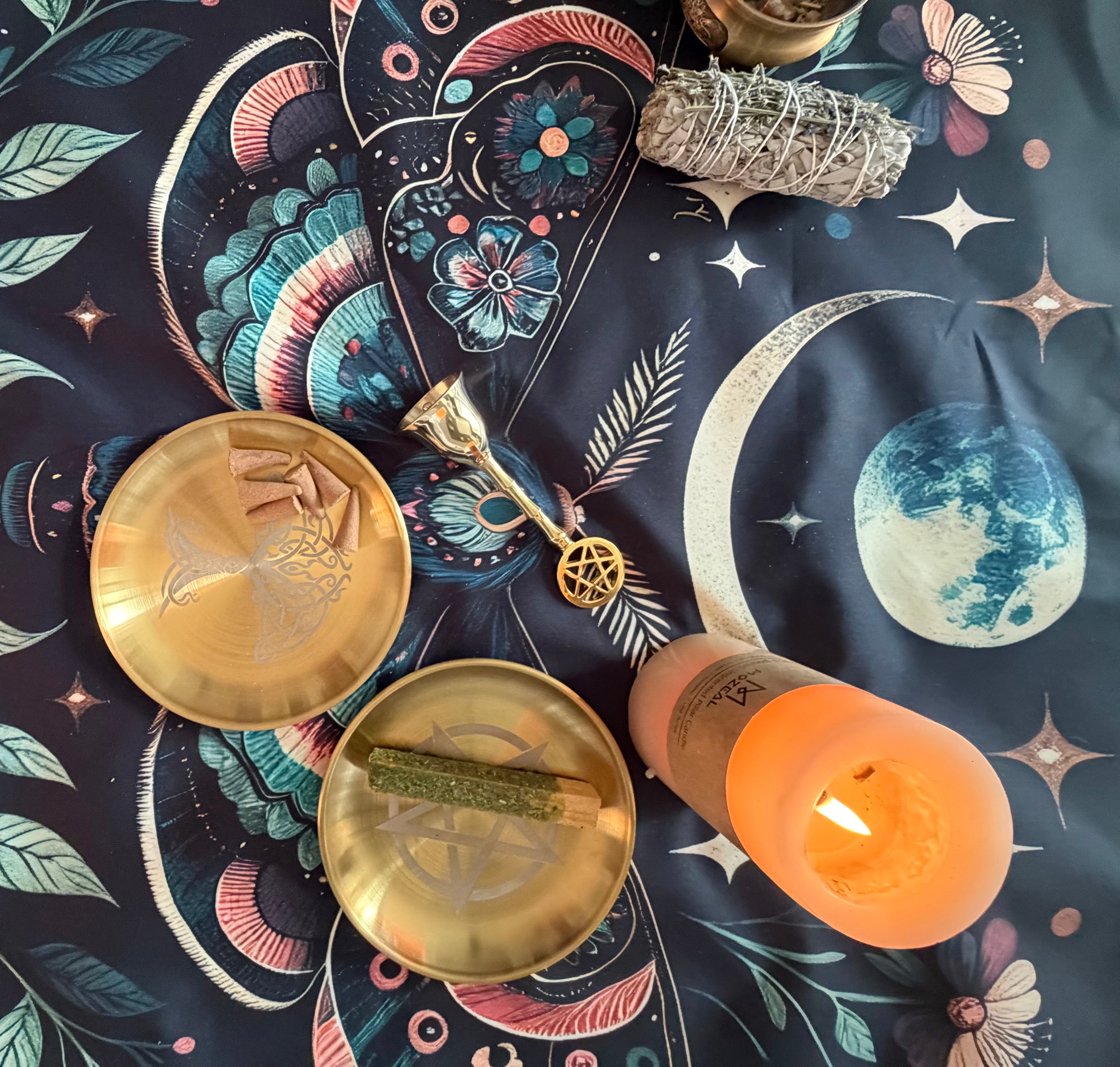 Ritual Bell Altar Kit with Palo Santo Sticks, Sandalwood Incense Cones, Two Offering Plates, Moth and Moon Altar Cloth, Bell and Optional White Sage