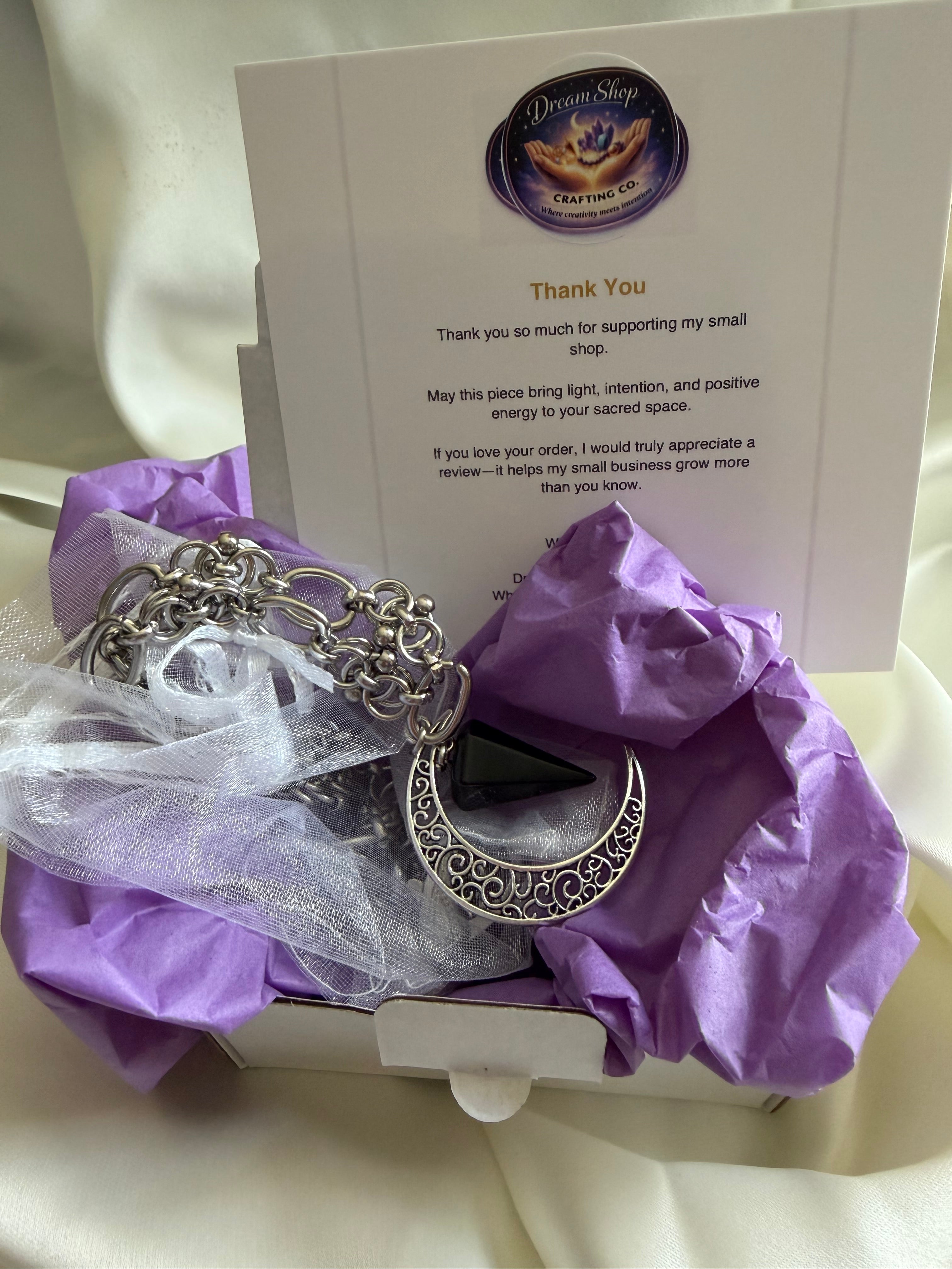 Black Obsidian and Crescent Moon Necklace, Stainless Steel Chain, Protection Crystal Pendant, Spiritual Jewelry, Intention Necklace and Gift