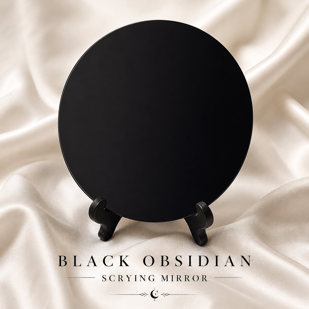 Black Obsidian Scrying Mirror with Stand and Polishing Cloth