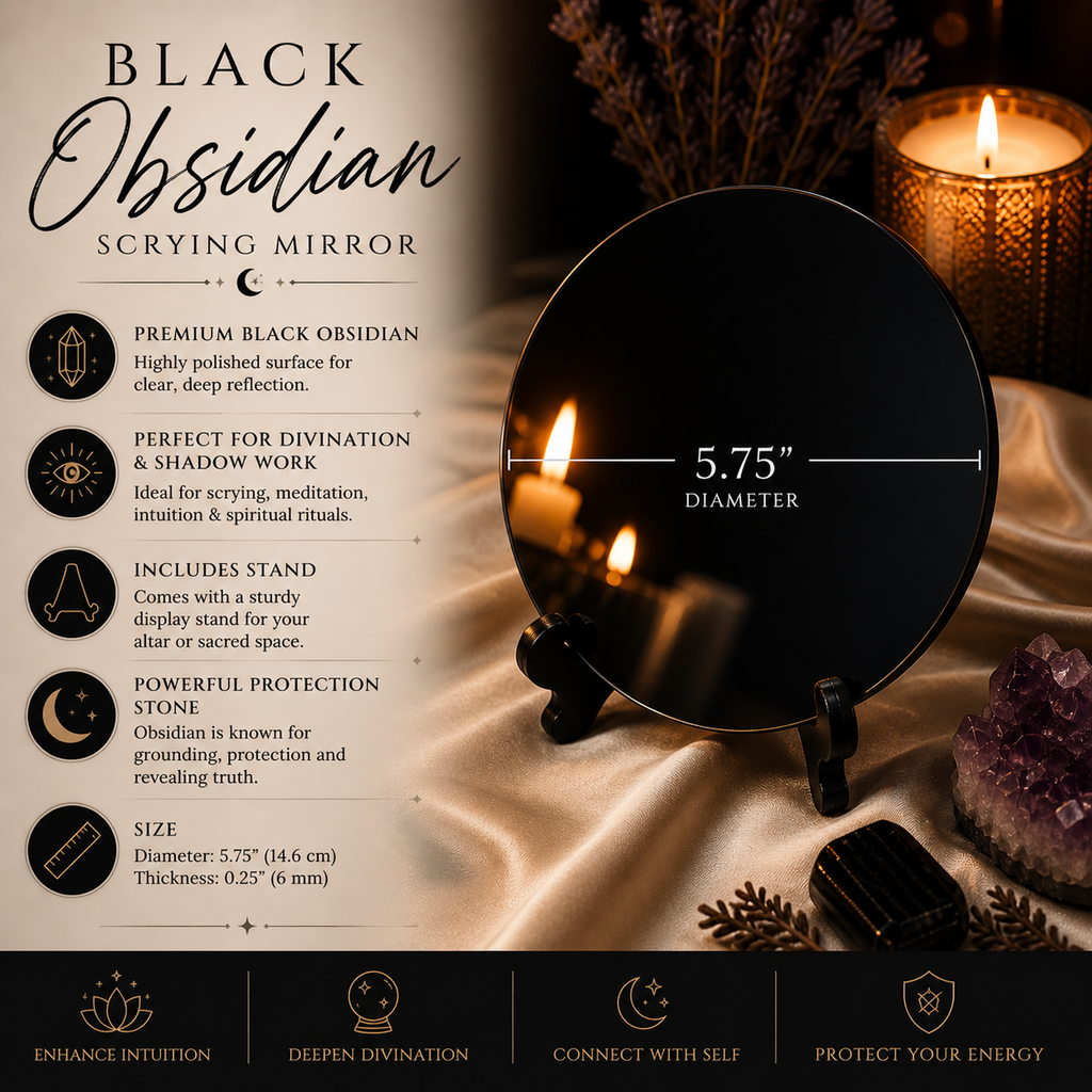 Black Obsidian Scrying Mirror with Stand and Polishing Cloth
