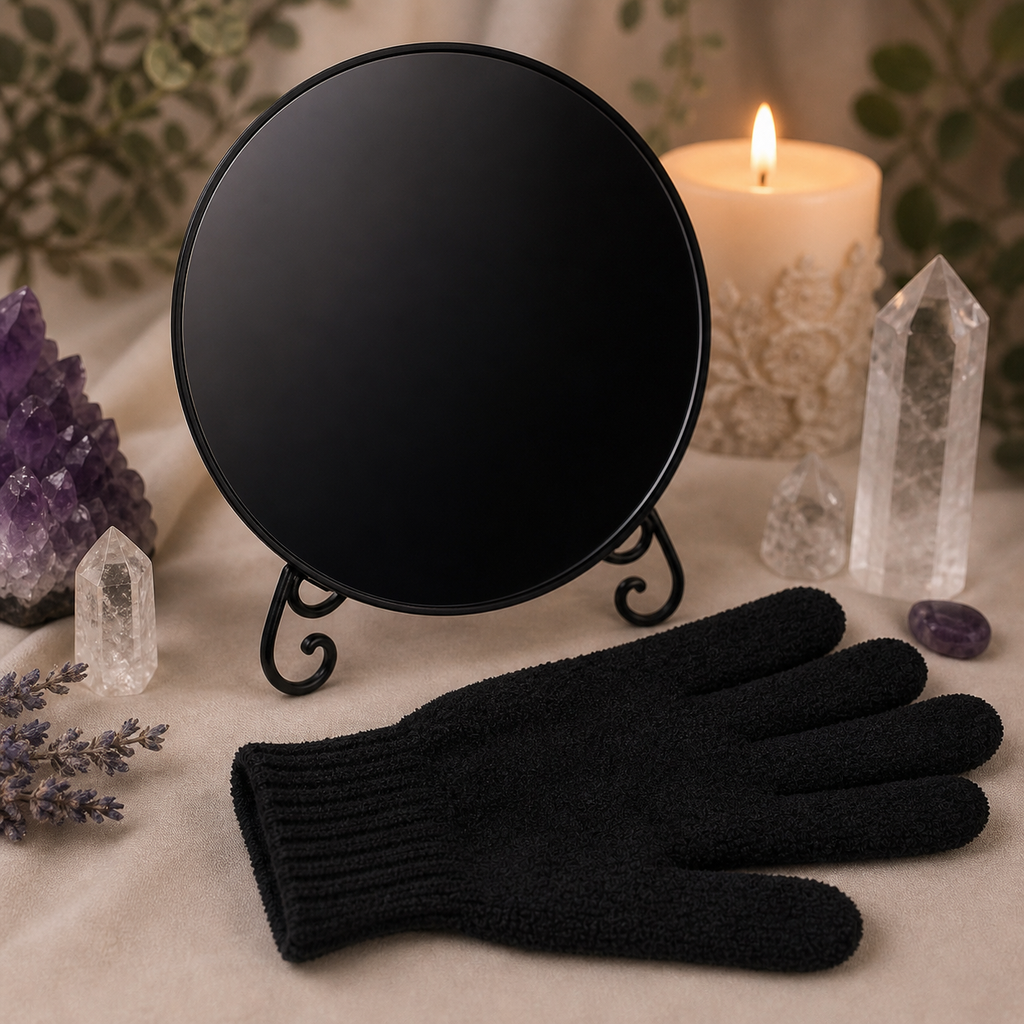 Black Obsidian Scrying Mirror with Stand and Polishing Cloth