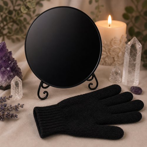 Black Obsidian Scrying Mirror with Stand and Polishing Cloth